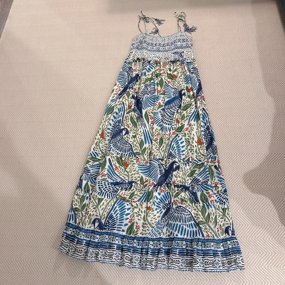 Farm Rio smocked tie shoulder tiered maxi dress